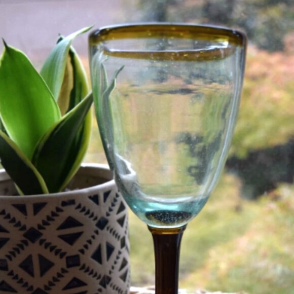 Kalalou Hand Blown Wine Glasses Set of 2 – Amber Rim Recycled Glass - Picture 3 of 7